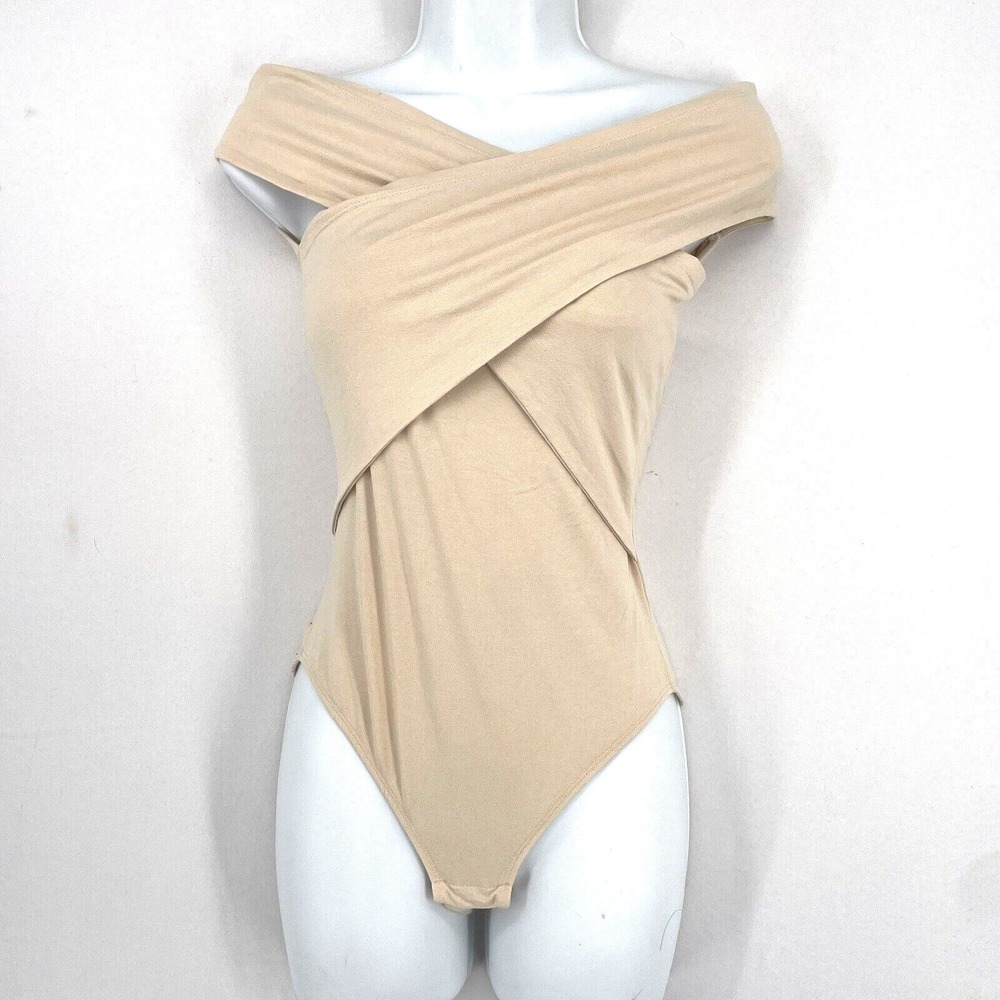 Fashion Union Beige Off Shoulder Bodysuit Size M Wrap Around Sleeveless Snap